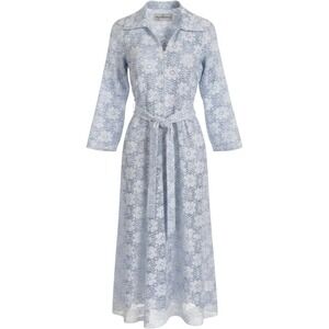 Vintage David Brown Light Blue Floral Lace Maxi Dress Zip Front Belted Small